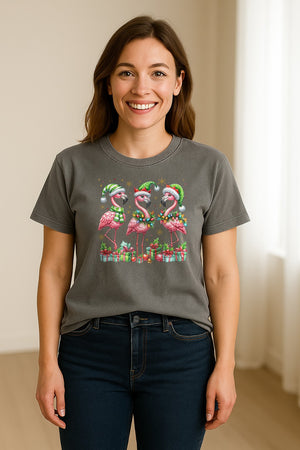 Flamingo Christmas Comfort Colors T-Shirt, Santa Hat Birds with Presents and Ornaments for Tropical Holiday Parties