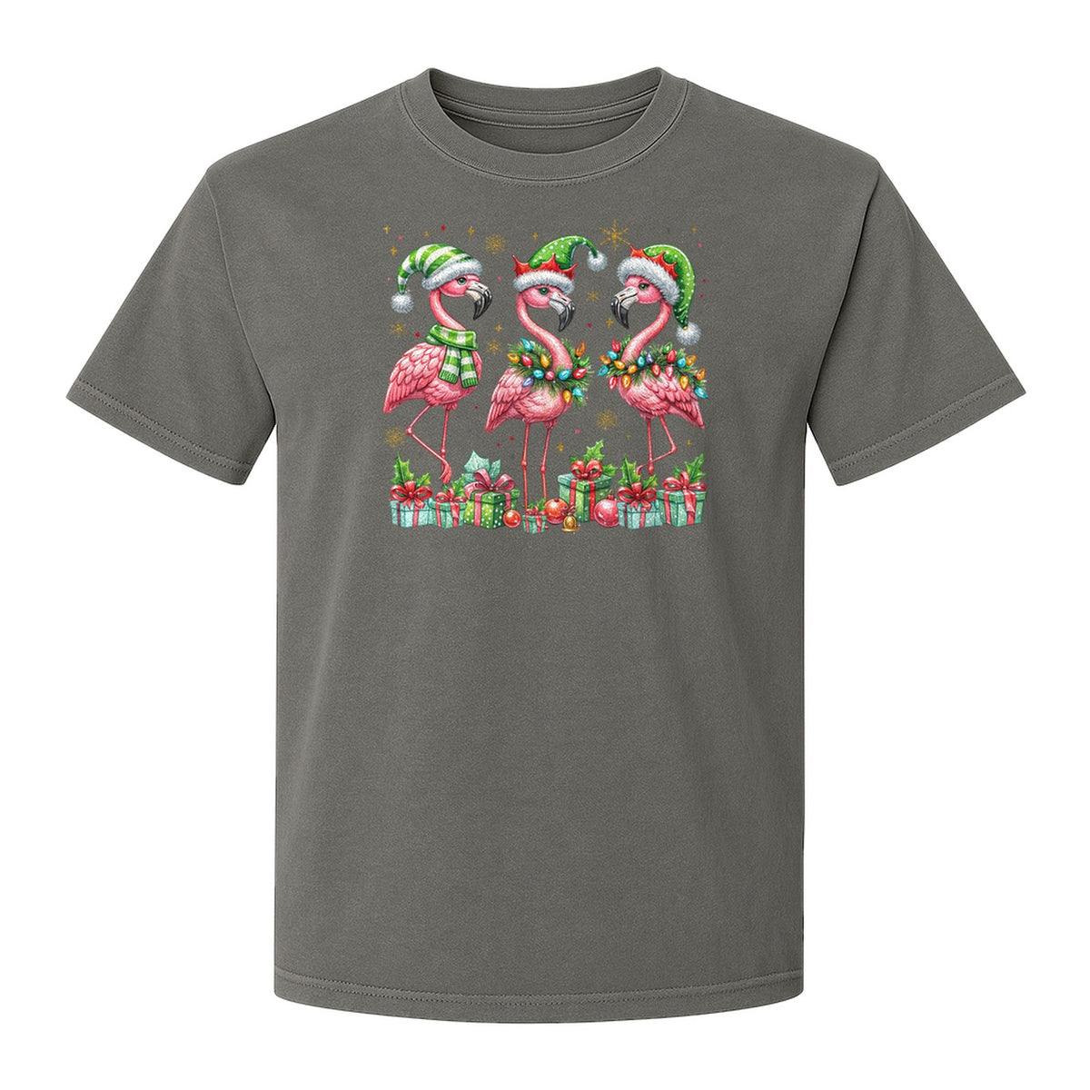 Flamingo Christmas Comfort Colors T-Shirt, Santa Hat Birds with Presents and Ornaments for Tropical Holiday Parties