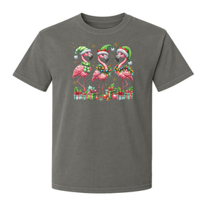 Flamingo Christmas Comfort Colors T-Shirt, Santa Hat Birds with Presents and Ornaments for Tropical Holiday Parties