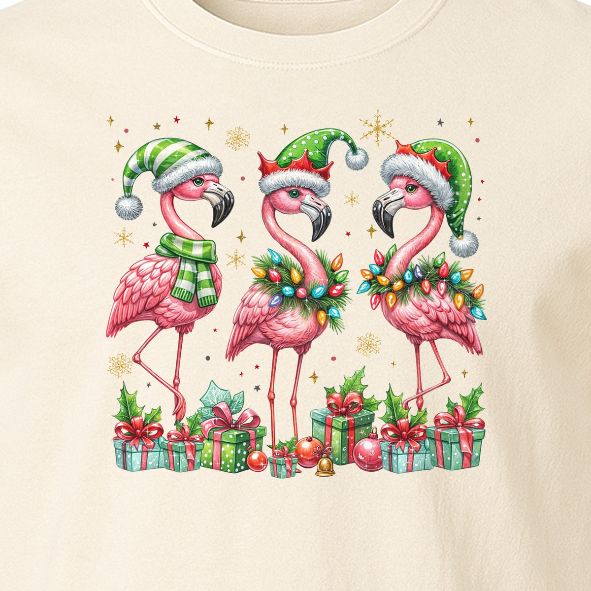 Flamingo Christmas Comfort Colors T-Shirt, Santa Hat Birds with Presents and Ornaments for Tropical Holiday Parties