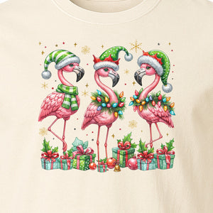 Flamingo Christmas Comfort Colors T-Shirt, Santa Hat Birds with Presents and Ornaments for Tropical Holiday Parties