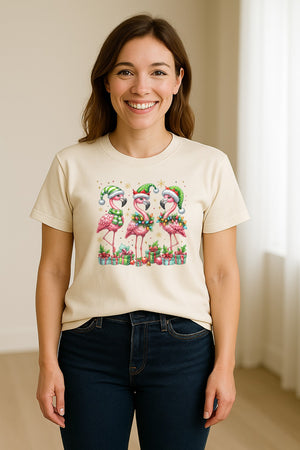 Flamingo Christmas Comfort Colors T-Shirt, Santa Hat Birds with Presents and Ornaments for Tropical Holiday Parties