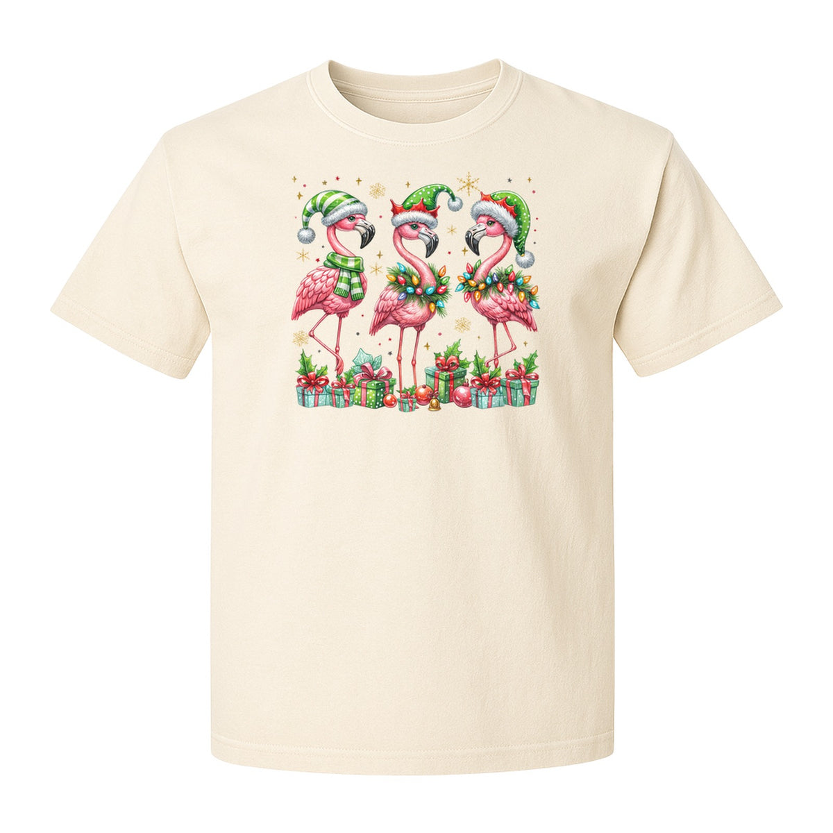 Flamingo Christmas Comfort Colors T-Shirt, Santa Hat Birds with Presents and Ornaments for Tropical Holiday Parties