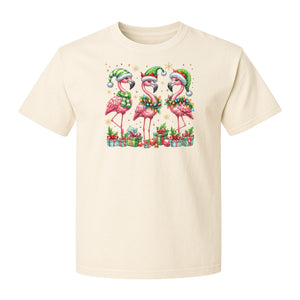 Flamingo Christmas Comfort Colors T-Shirt, Santa Hat Birds with Presents and Ornaments for Tropical Holiday Parties