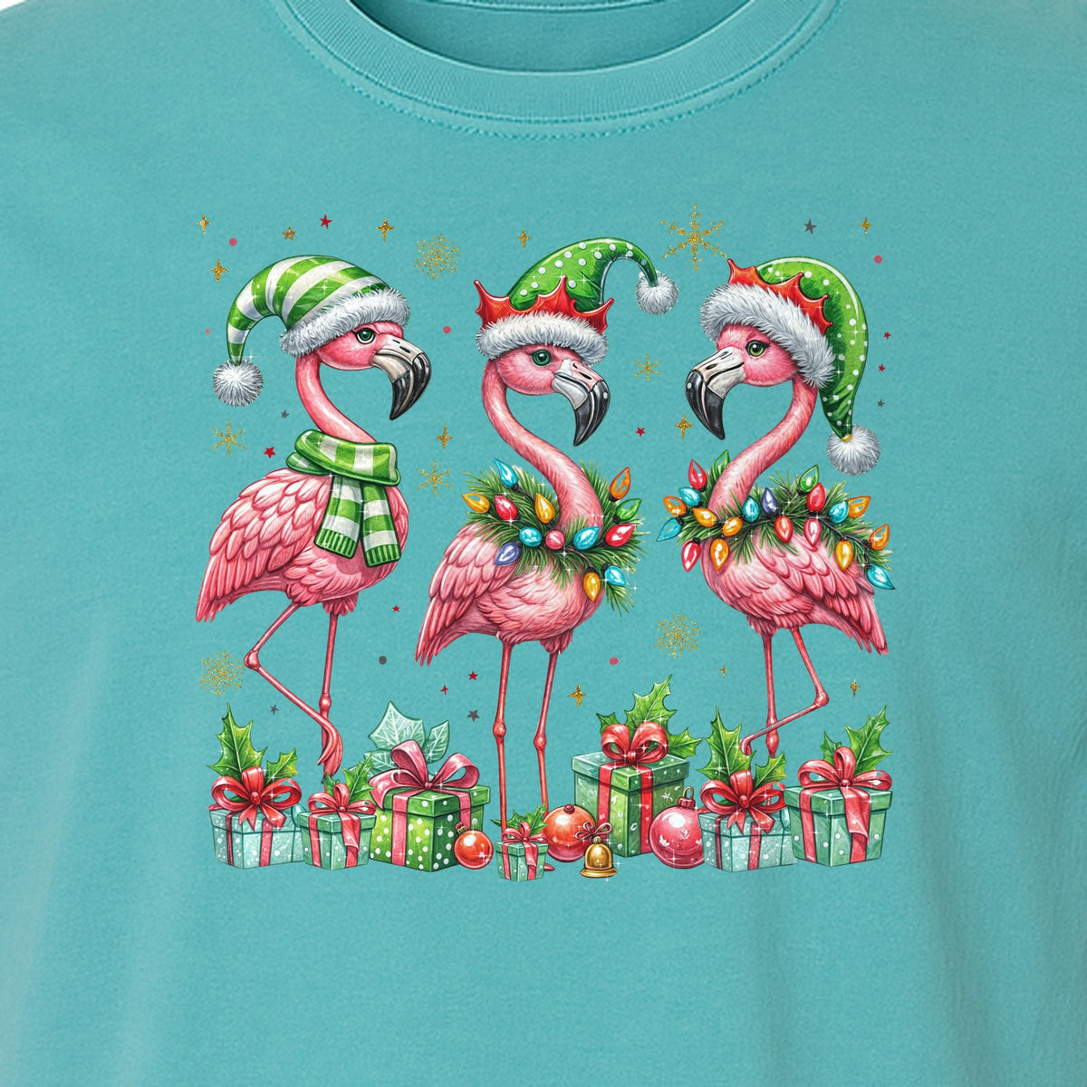 Flamingo Christmas Comfort Colors T-Shirt, Santa Hat Birds with Presents and Ornaments for Tropical Holiday Parties