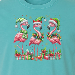 Flamingo Christmas Comfort Colors T-Shirt, Santa Hat Birds with Presents and Ornaments for Tropical Holiday Parties