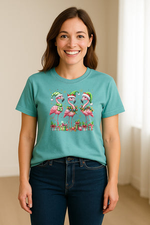 Flamingo Christmas Comfort Colors T-Shirt, Santa Hat Birds with Presents and Ornaments for Tropical Holiday Parties