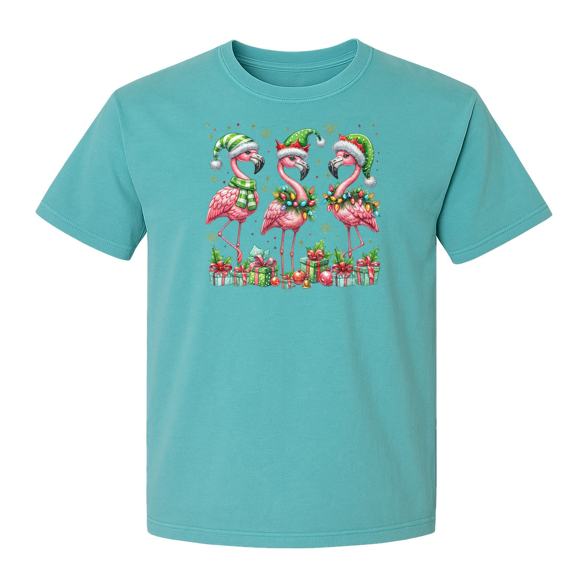 Flamingo Christmas Comfort Colors T-Shirt, Santa Hat Birds with Presents and Ornaments for Tropical Holiday Parties