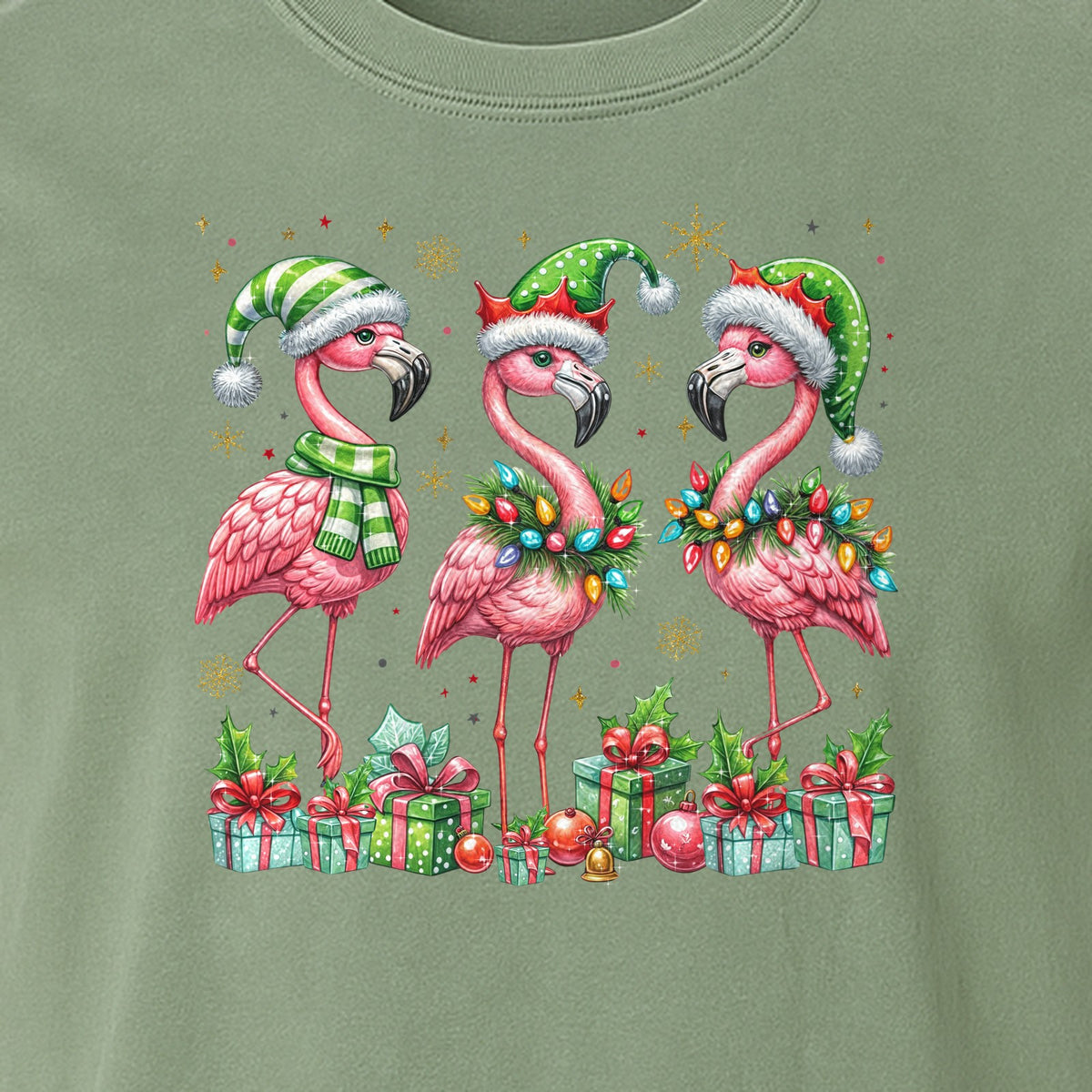 Flamingo Christmas Comfort Colors T-Shirt, Santa Hat Birds with Presents and Ornaments for Tropical Holiday Parties