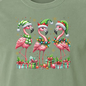 Flamingo Christmas Comfort Colors T-Shirt, Santa Hat Birds with Presents and Ornaments for Tropical Holiday Parties