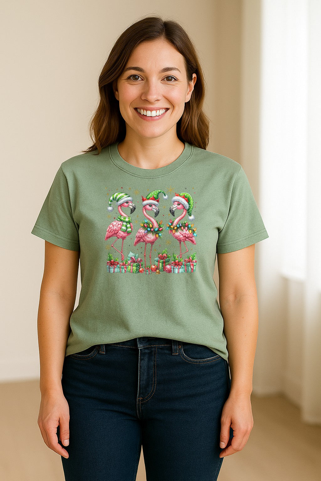 Flamingo Christmas Comfort Colors T-Shirt, Santa Hat Birds with Presents and Ornaments for Tropical Holiday Parties