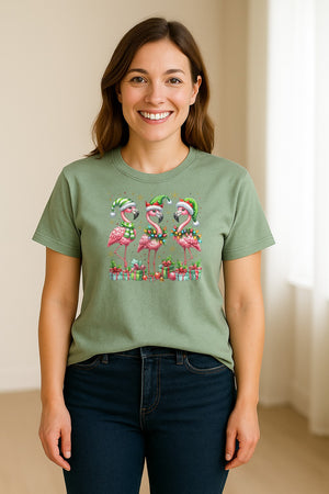 Flamingo Christmas Comfort Colors T-Shirt, Santa Hat Birds with Presents and Ornaments for Tropical Holiday Parties