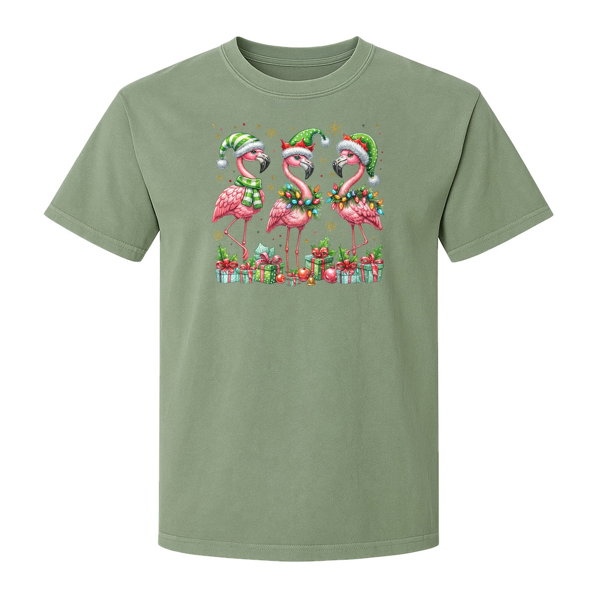 Flamingo Christmas Comfort Colors T-Shirt, Santa Hat Birds with Presents and Ornaments for Tropical Holiday Parties
