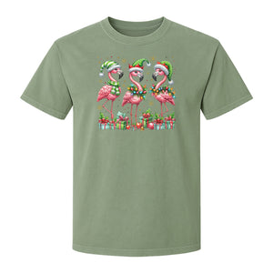 Flamingo Christmas Comfort Colors T-Shirt, Santa Hat Birds with Presents and Ornaments for Tropical Holiday Parties