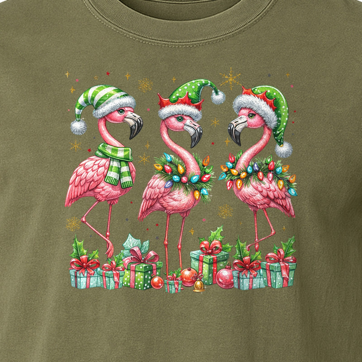 Flamingo Christmas Comfort Colors T-Shirt, Santa Hat Birds with Presents and Ornaments for Tropical Holiday Parties
