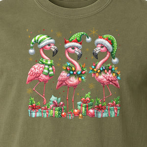 Flamingo Christmas Comfort Colors T-Shirt, Santa Hat Birds with Presents and Ornaments for Tropical Holiday Parties