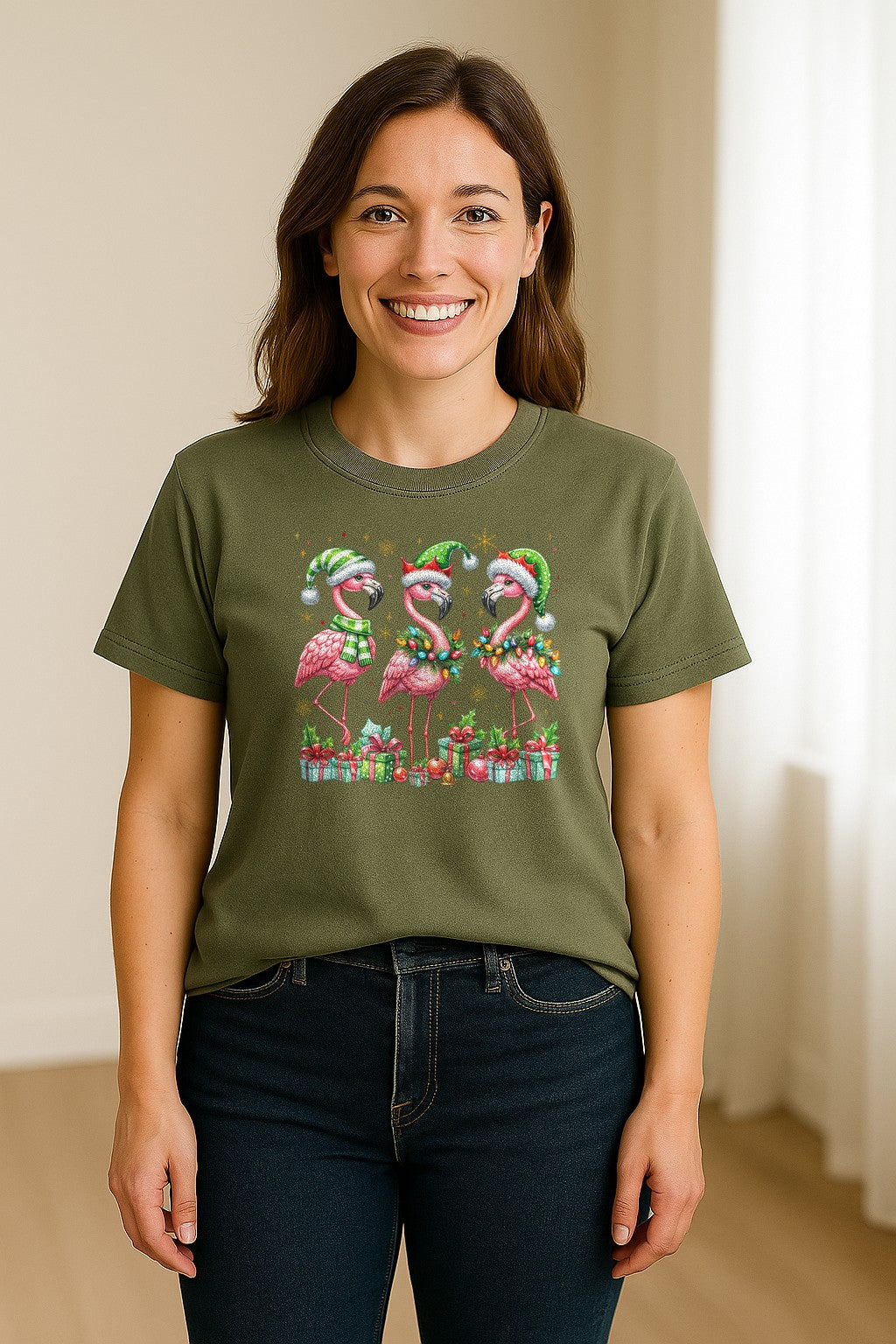 Flamingo Christmas Comfort Colors T-Shirt, Santa Hat Birds with Presents and Ornaments for Tropical Holiday Parties
