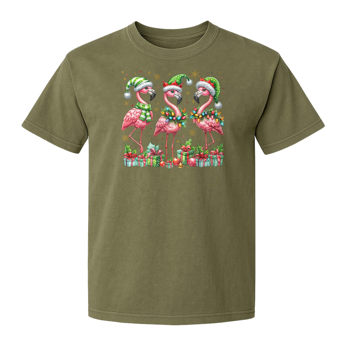 Flamingo Christmas Comfort Colors T-Shirt, Santa Hat Birds with Presents and Ornaments for Tropical Holiday Parties