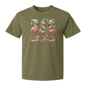 Flamingo Christmas Comfort Colors T-Shirt, Santa Hat Birds with Presents and Ornaments for Tropical Holiday Parties