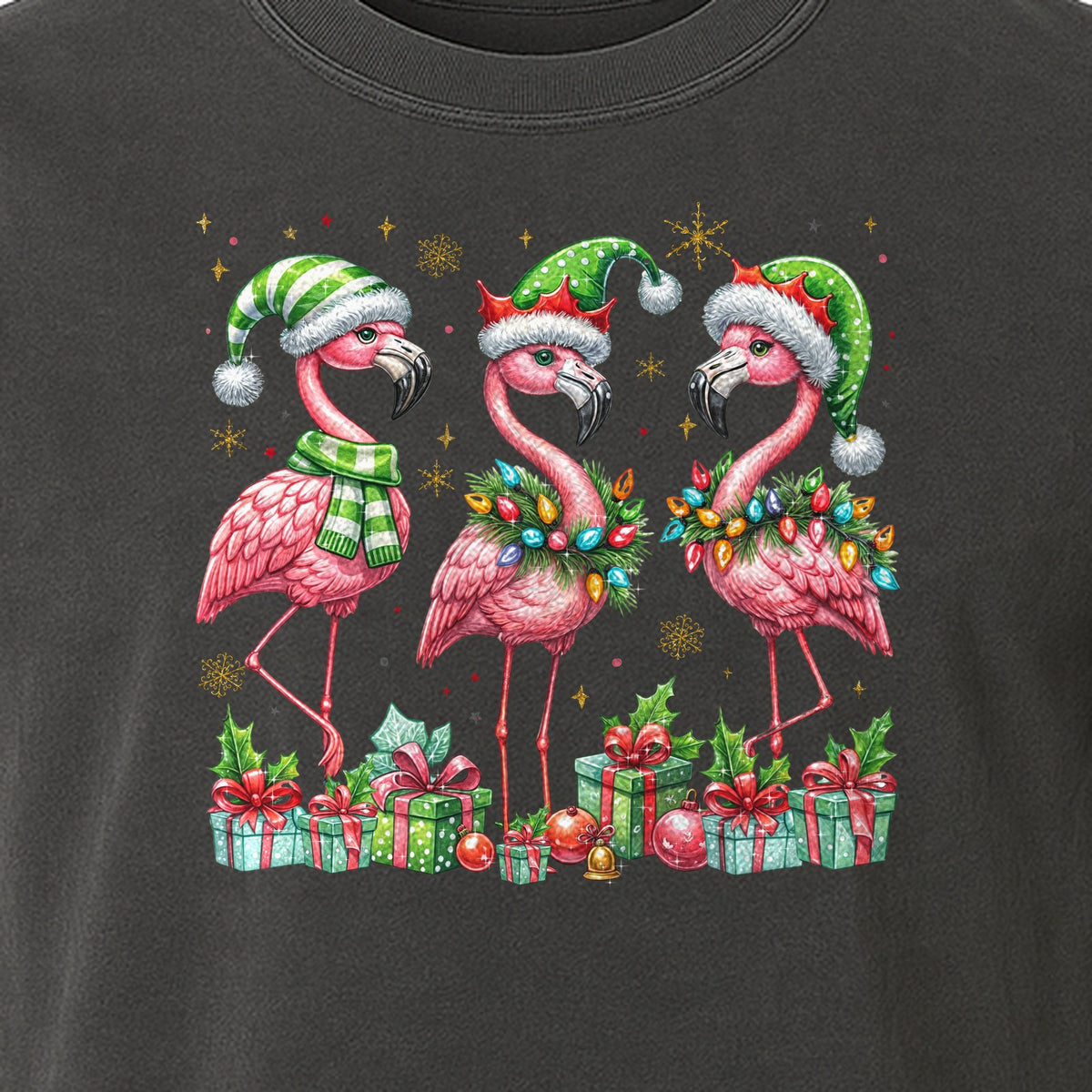 Flamingo Christmas Comfort Colors T-Shirt, Santa Hat Birds with Presents and Ornaments for Tropical Holiday Parties
