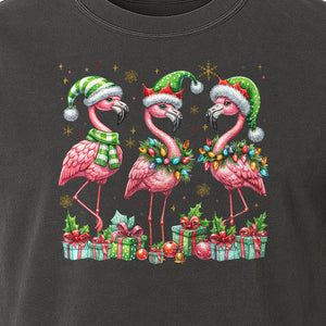Flamingo Christmas Comfort Colors T-Shirt, Santa Hat Birds with Presents and Ornaments for Tropical Holiday Parties
