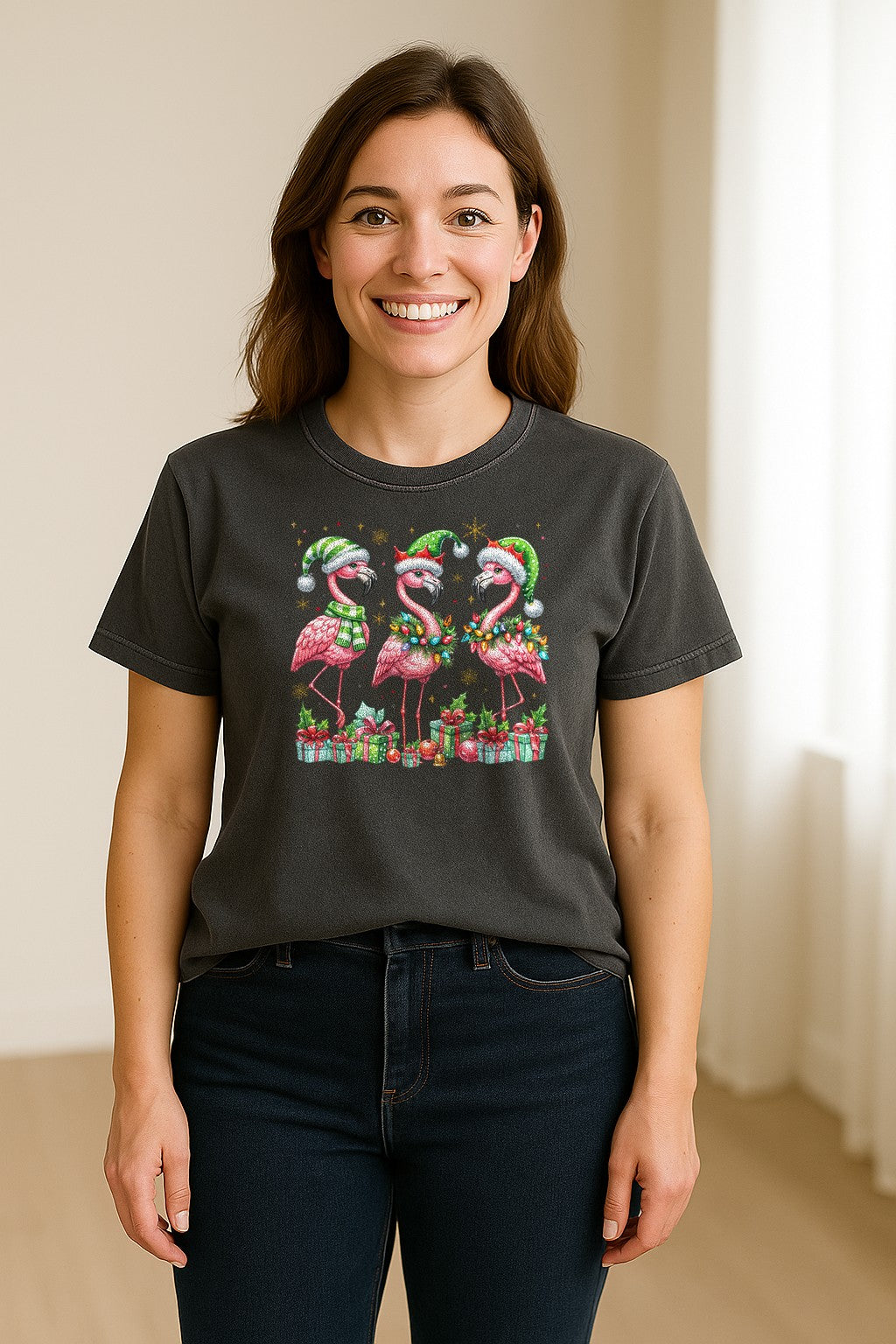 Flamingo Christmas Comfort Colors T-Shirt, Santa Hat Birds with Presents and Ornaments for Tropical Holiday Parties
