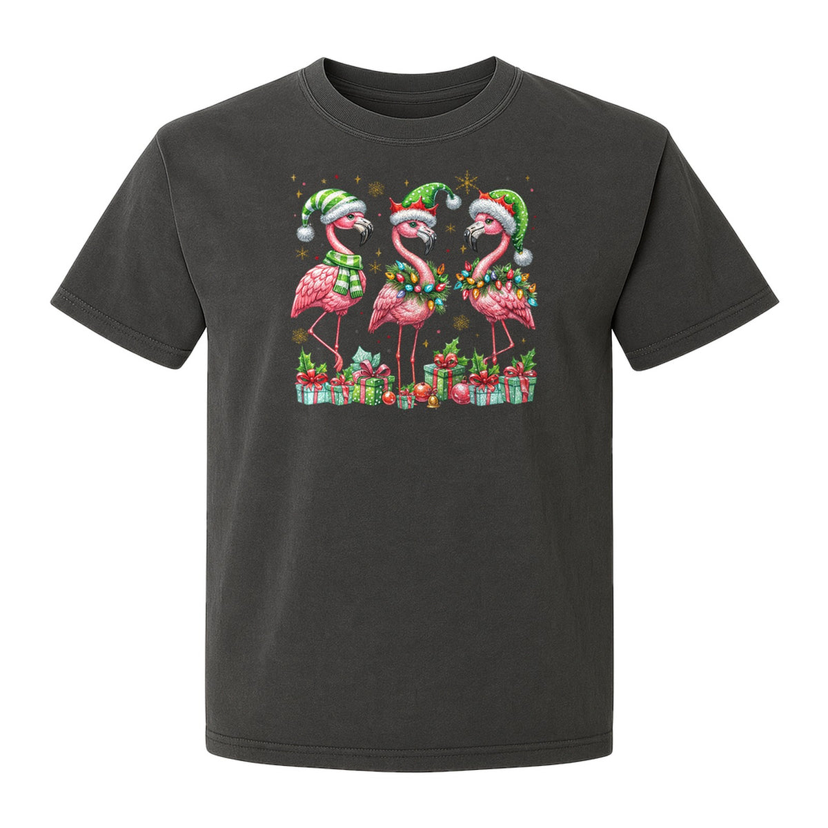 Flamingo Christmas Comfort Colors T-Shirt, Santa Hat Birds with Presents and Ornaments for Tropical Holiday Parties