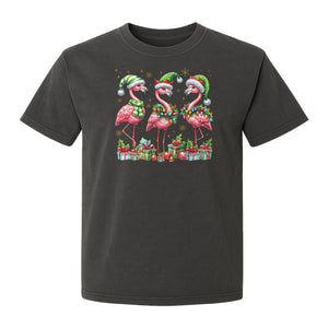 Flamingo Christmas Comfort Colors T-Shirt, Santa Hat Birds with Presents and Ornaments for Tropical Holiday Parties