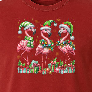 Flamingo Christmas Comfort Colors T-Shirt, Santa Hat Birds with Presents and Ornaments for Tropical Holiday Parties