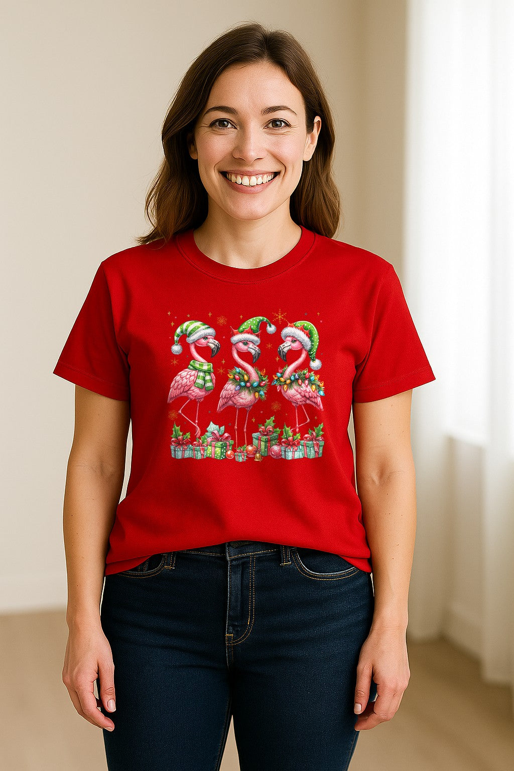 Flamingo Christmas Comfort Colors T-Shirt, Santa Hat Birds with Presents and Ornaments for Tropical Holiday Parties