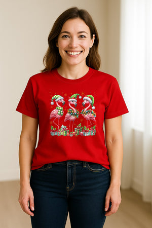 Flamingo Christmas Comfort Colors T-Shirt, Santa Hat Birds with Presents and Ornaments for Tropical Holiday Parties