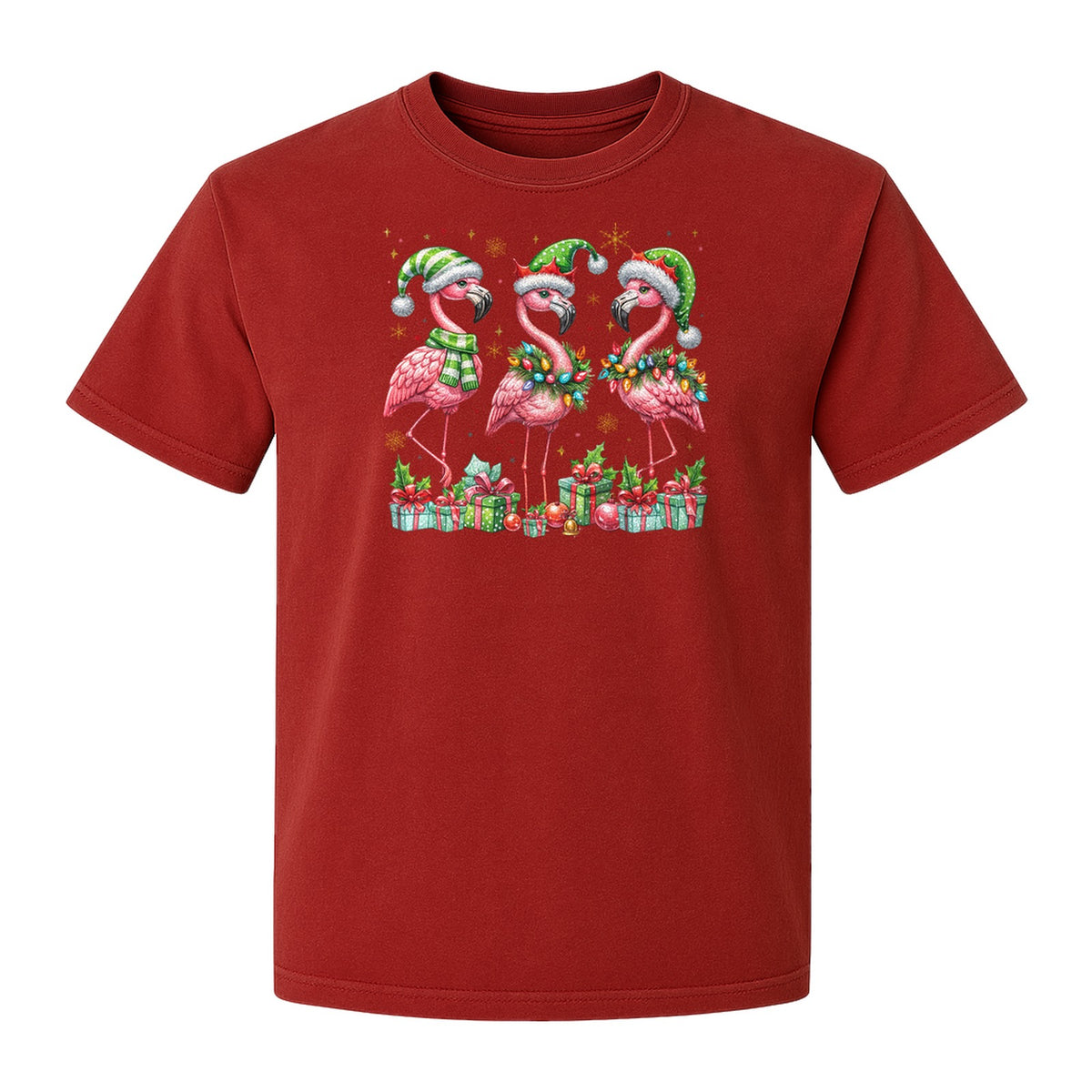 Flamingo Christmas Comfort Colors T-Shirt, Santa Hat Birds with Presents and Ornaments for Tropical Holiday Parties