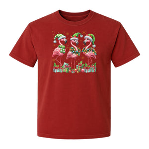 Flamingo Christmas Comfort Colors T-Shirt, Santa Hat Birds with Presents and Ornaments for Tropical Holiday Parties