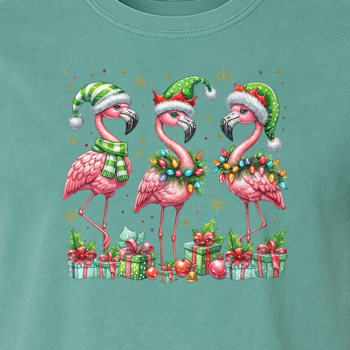 Flamingo Christmas Comfort Colors T-Shirt, Santa Hat Birds with Presents and Ornaments for Tropical Holiday Parties