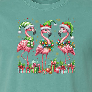 Flamingo Christmas Comfort Colors T-Shirt, Santa Hat Birds with Presents and Ornaments for Tropical Holiday Parties