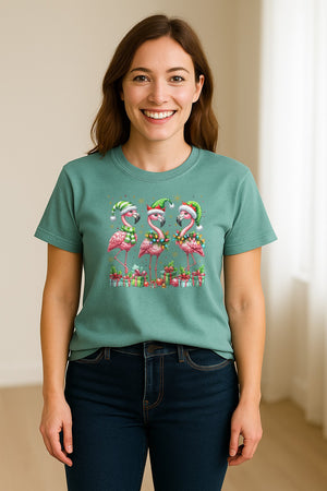 Flamingo Christmas Comfort Colors T-Shirt, Santa Hat Birds with Presents and Ornaments for Tropical Holiday Parties
