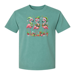 Flamingo Christmas Comfort Colors T-Shirt, Santa Hat Birds with Presents and Ornaments for Tropical Holiday Parties