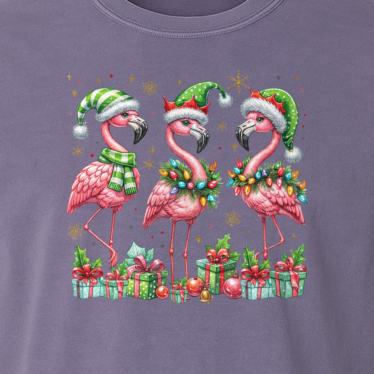 Flamingo Christmas Comfort Colors T-Shirt, Santa Hat Birds with Presents and Ornaments for Tropical Holiday Parties