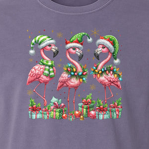 Flamingo Christmas Comfort Colors T-Shirt, Santa Hat Birds with Presents and Ornaments for Tropical Holiday Parties