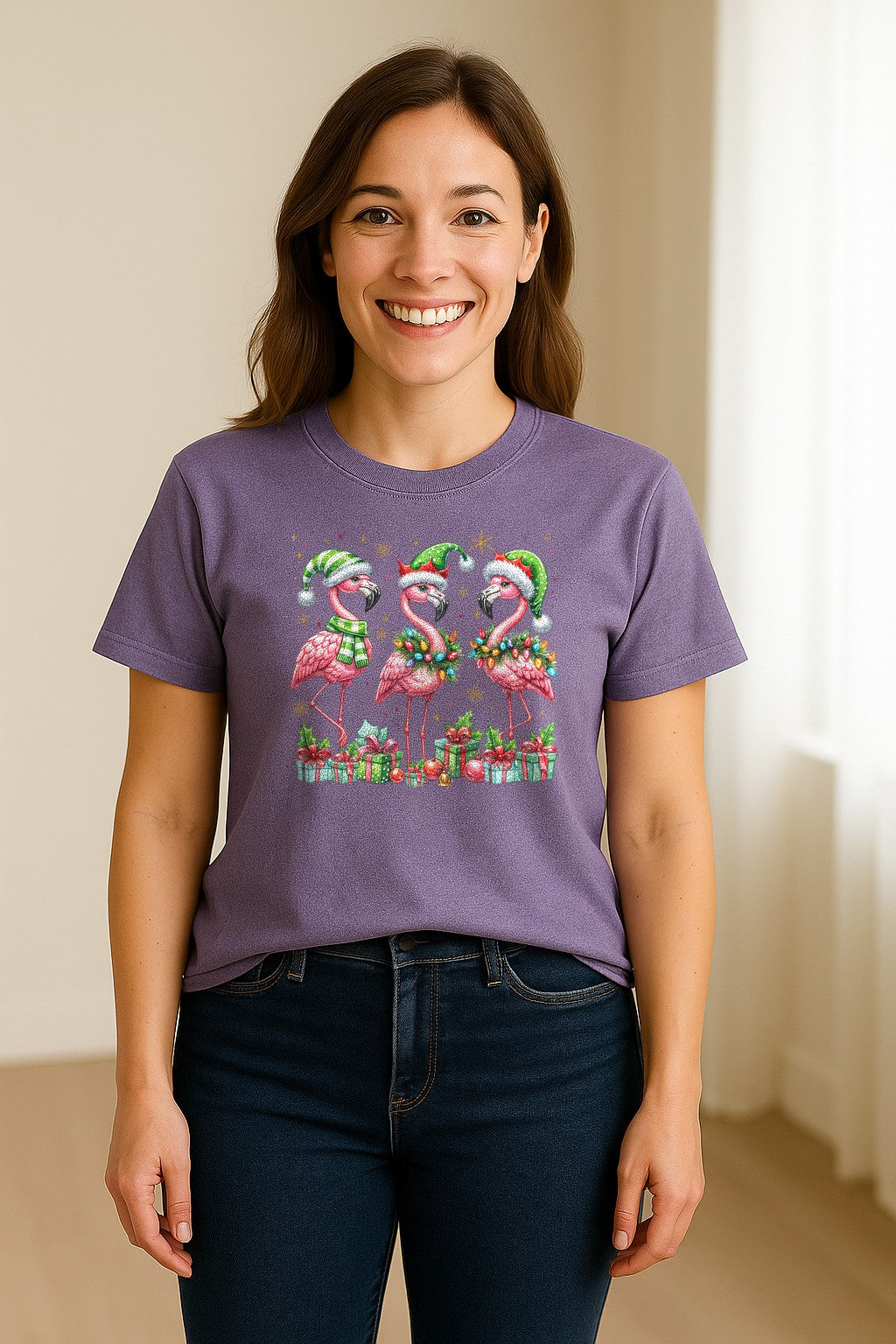 Flamingo Christmas Comfort Colors T-Shirt, Santa Hat Birds with Presents and Ornaments for Tropical Holiday Parties