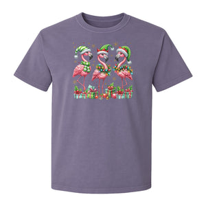 Flamingo Christmas Comfort Colors T-Shirt, Santa Hat Birds with Presents and Ornaments for Tropical Holiday Parties