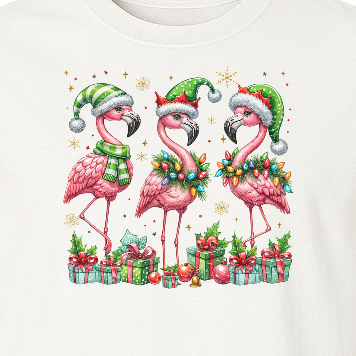 Flamingo Christmas Comfort Colors T-Shirt, Santa Hat Birds with Presents and Ornaments for Tropical Holiday Parties
