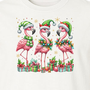 Flamingo Christmas Comfort Colors T-Shirt, Santa Hat Birds with Presents and Ornaments for Tropical Holiday Parties