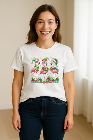 Flamingo Christmas Comfort Colors T-Shirt, Santa Hat Birds with Presents and Ornaments for Tropical Holiday Parties