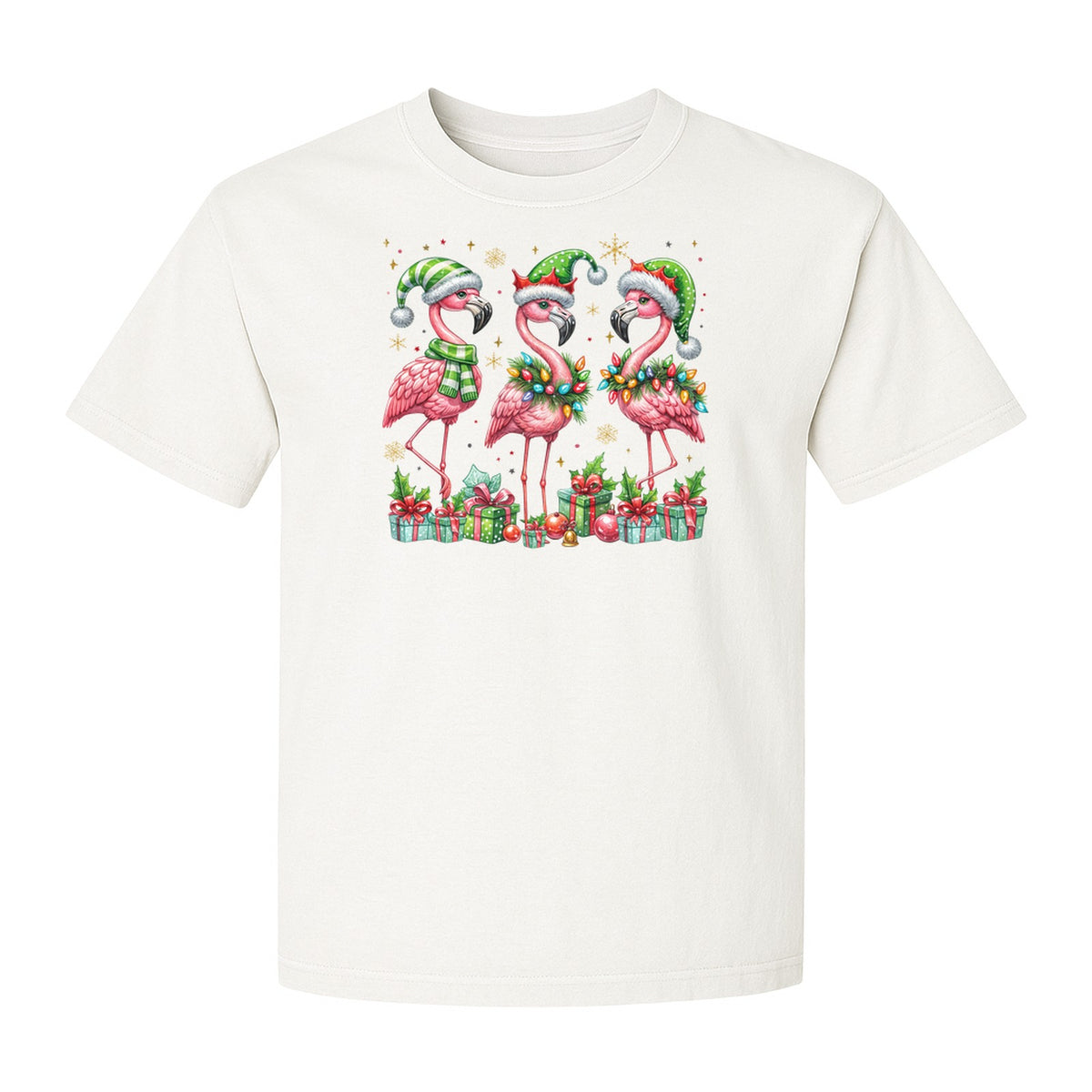 Flamingo Christmas Comfort Colors T-Shirt, Santa Hat Birds with Presents and Ornaments for Tropical Holiday Parties