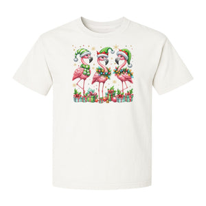 Flamingo Christmas Comfort Colors T-Shirt, Santa Hat Birds with Presents and Ornaments for Tropical Holiday Parties