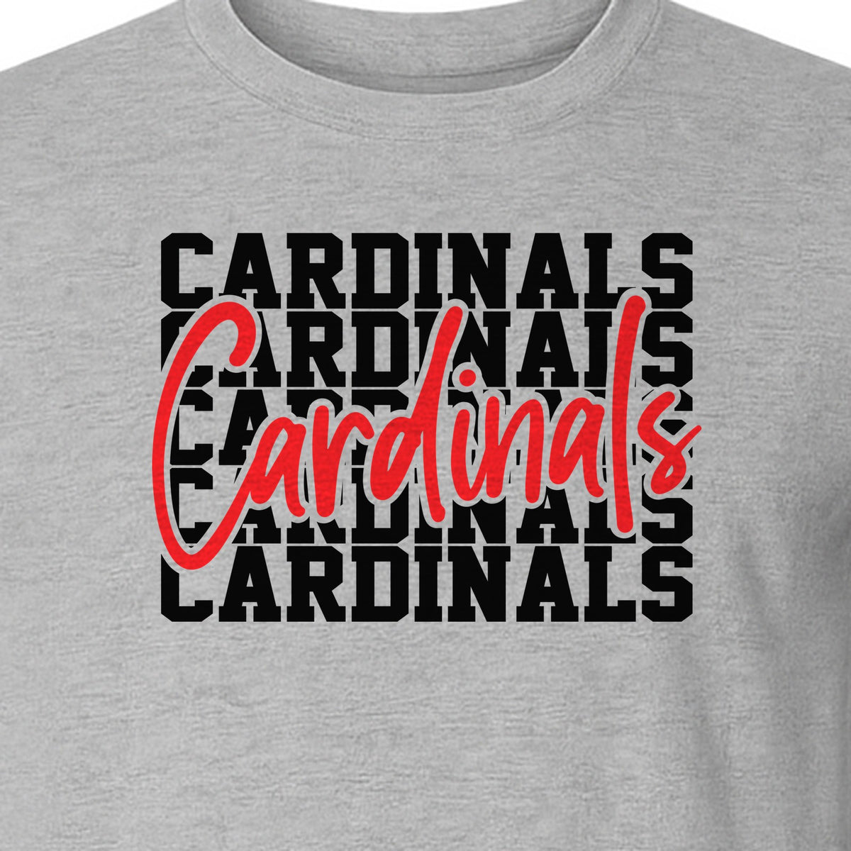 Cardinals T-Shirt, Repeated Script Mascot Design for School Spirit Fans, Pep Rallies and Team Events