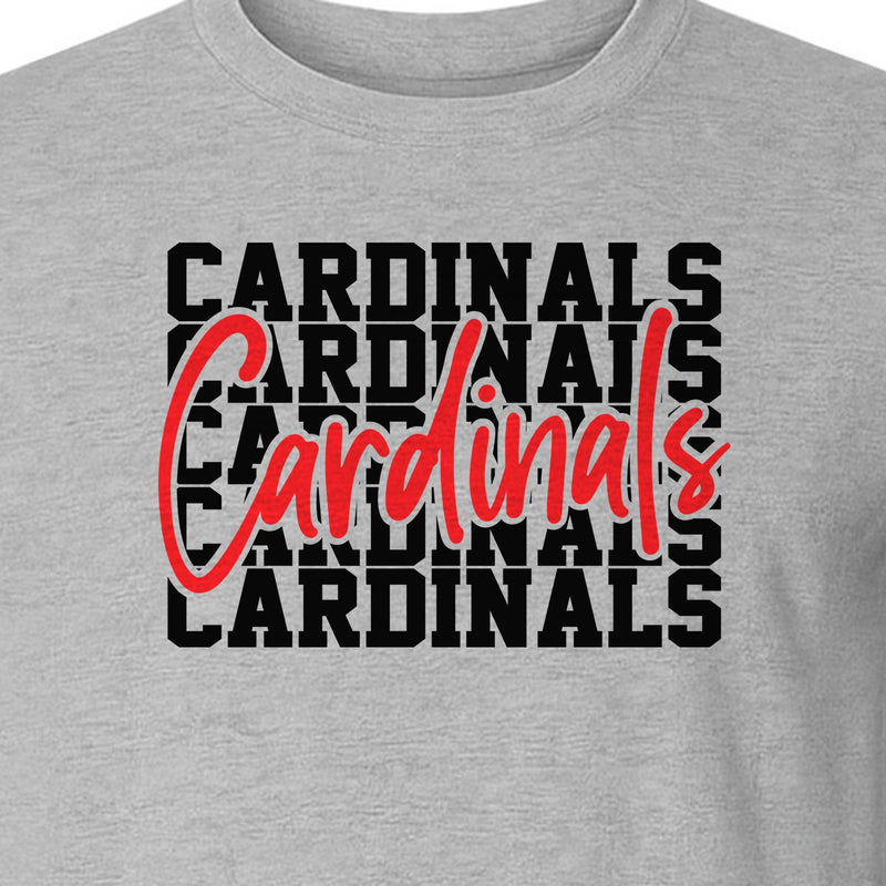 Cardinals T-Shirt, Repeated Script Mascot Design for School Spirit Fans, Pep Rallies and Team Events