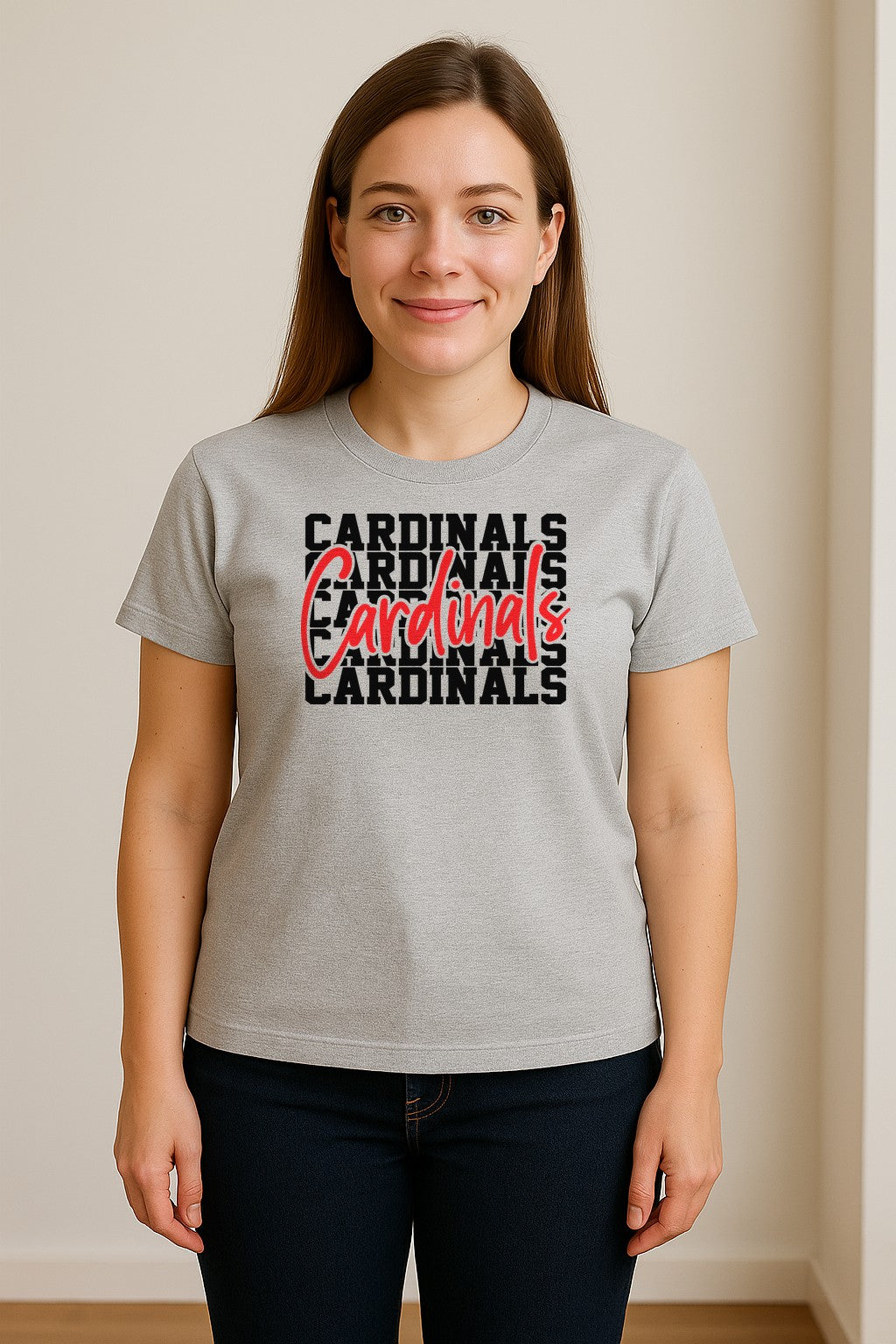 Cardinals T-Shirt, Repeated Script Mascot Design for School Spirit Fans, Pep Rallies and Team Events