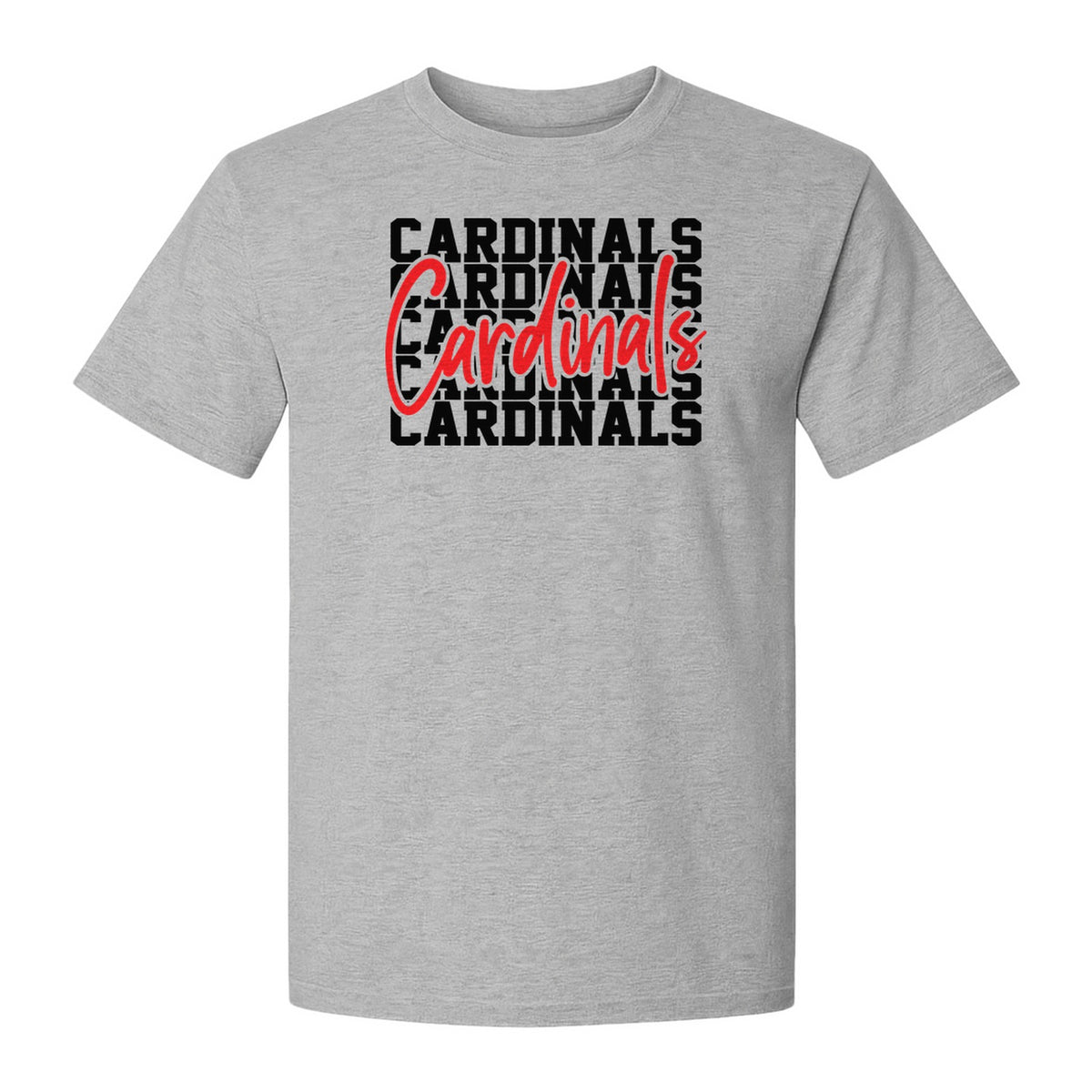 Cardinals T-Shirt, Repeated Script Mascot Design for School Spirit Fans, Pep Rallies and Team Events